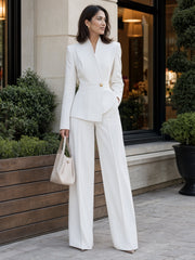 Pleated Lapel Single-Button Peplum Blazer & Wide-Leg Pants Tailored Set