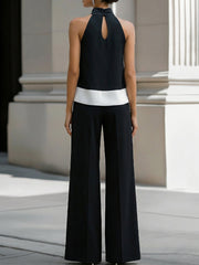 Contrast Hem Halter Neck Blouse & Wide-Leg Pants Set