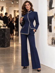Stand Collar Woven Tape Trim Blazer & Flared Pants 2 Piece Co-Ord Set