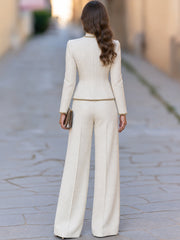 Ivory Gold Trim Tweed Jacket And Wide Leg Pants Set
