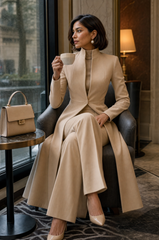 Tand Collar Long Tailored Coat & High Waist Flare Pants Two-Piece Suit