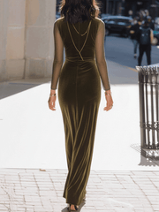 Olive Velvet Gown With Sheer Sleeves