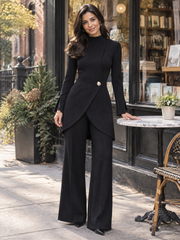 Women's Ribbed Knit Two-Piece Set - Mock Neck Wrap Tunic & Wide Leg Pants