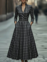 Plaid Check Belted Dress With V-Neckline