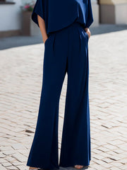 Minimalist High-Neck Draped Blouse & Wide-Leg Trouser Set