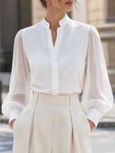 Stand Collar Split V Neck Sheer Lantern Long Sleeve Blouse