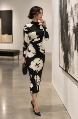 Abstract Floral Ruched Mock-Neck Midi Dress
