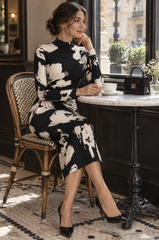 Abstract Floral Ruched Mock-Neck Midi Dress