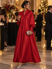 High-Neck V-Placket Satin A-Line Maxi Dress
