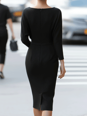 Black Draped Batwing Midi Dress With Subtle Sparkle