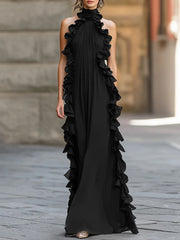 Midnight Elegance Ruffled Halter Pleated Chiffon Maxi Gown