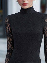 Sheer Long-Sleeve Lace High-Neck Blouse