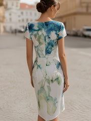Draped Cowl-Neck Print Midi Dress