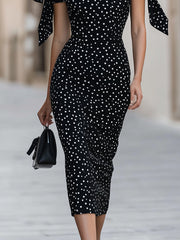 Olka Dot Off-Shoulder Bodycon Midi Dress With Bow Accents