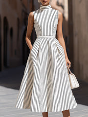 Elegant Pinstripe High Neck Sleeveless Fit & Flare Midi Dress