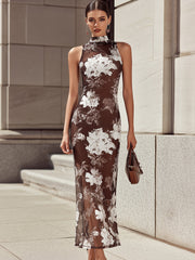 Elegant Brown White Ink Floral Print Mesh Sleeveless Maxi Dress