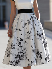 Elegant White Black Ink Floral Print Boat Neck Flared Midi Dress