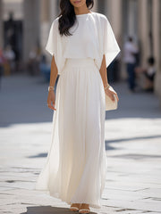 Pleated Shawl-Sleeve High-Waisted Flowy Maxi Dress Set