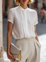 Structured Short Sleeve Stand Collar Blouse With Pleated Front Panel