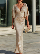 Metallic Pleated Deep V-Neck Ruched Maxi Dress