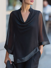 Sheer Flared Sleeve Cowl Neck Blouse With Satin Trim