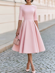 Round Neck 3/4 Sleeve Fit & Flare Midi Dress