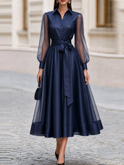 Formal OccasionSheer Tulle Sleeve Satin Midi Shirt Dress With Self Tie Belt