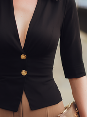 Deep V-Neck Button-Front Tailored Top With Sculpted Waist