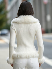 Faux Fur-Trimmed Two-Way Zip Ribbed Knit Cardigan