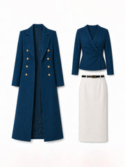 Double-Breasted Long Coat, Wrap Top And Pencil Skirt Three-Piece Set