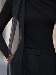 Asymmetric Scarf-Draped Long-Sleeve Top