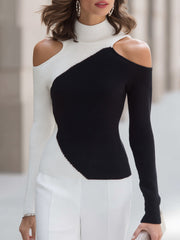 Turtleneck Cold-Shoulder Ribbed Knit Top With Diagonal Colorblock