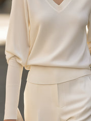 Refined V-Neck Long Sleeve Ribbed Knit Sweater