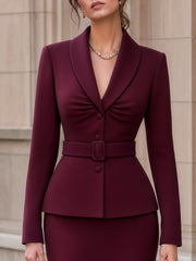 Shawl Collar Belted Peplum Blazer & Midi Skirt Tailored Set