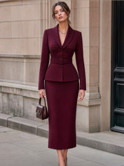 Shawl Collar Belted Peplum Blazer & Midi Skirt Tailored Set
