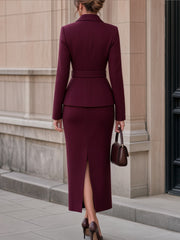 Shawl Collar Belted Peplum Blazer & Midi Skirt Tailored Set