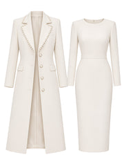 Elegant Pearl-Trim Coat With Sheath Dress Set