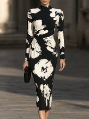 Abstract Floral Ruched Mock-Neck Midi Dress