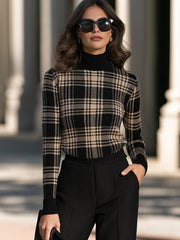 Plaid Turtleneck Long Sleeve Knit Sweater