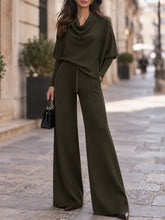 Cowl Neck Drawstring Top & Wide Leg Pants Two-Piece Set