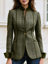 Plaid Wool Blazer, Velvet Trim Stand‑Collar Tailored Jacket For Women