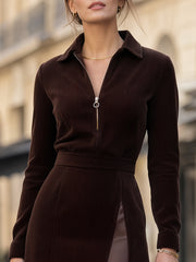 Zip-Front Corduroy Contrast Panel Midi Dress