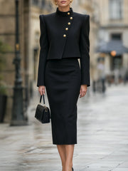 Asymmetric Button-Up Jacket & Midi Skirt Tailored Set