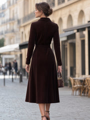 Zip-Front Corduroy Contrast Panel Midi Dress