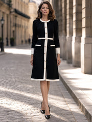 Chic Contrast Trim Knit Midi Dress with Pearl Buttons