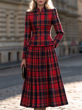 Elegant Tartan Plaid Two-Piece Set - Double-Breasted Jacket & Pleated Midi Skirt