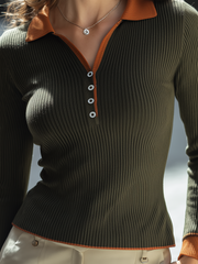 Olive Green Contrast Rust Collar Ribbed Knit Polo Long Sleeve Top
