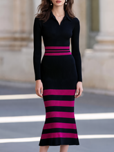 Color Block Stripe Polo Collar Mermaid Knit Midi Dress