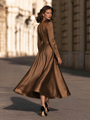 Mock-Neck Satin A-Line Midi Dress