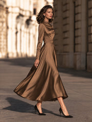 Mock-Neck Satin A-Line Midi Dress